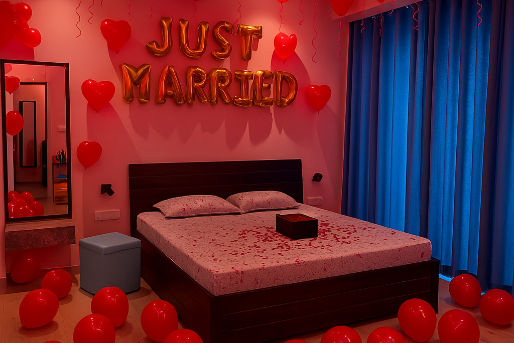 "Happy Anniversary celebration with beautiful balloon decorations by Best Event Planner & Balloon Decorators, call 8595078930 for bookings."