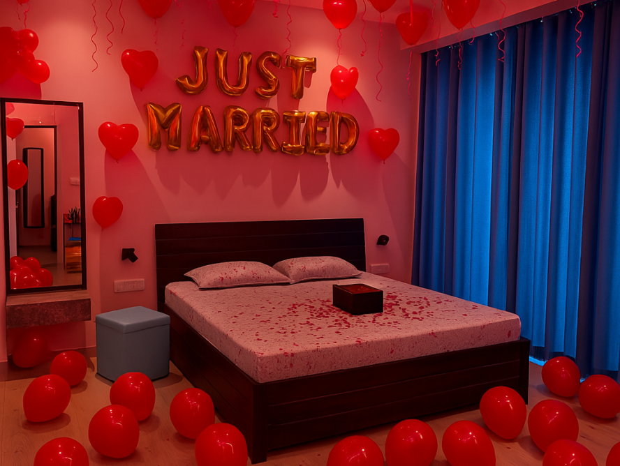 "Happy Anniversary celebration with beautiful balloon decorations by Best Event Planner & Balloon Decorators, call 8595078930 for bookings."
