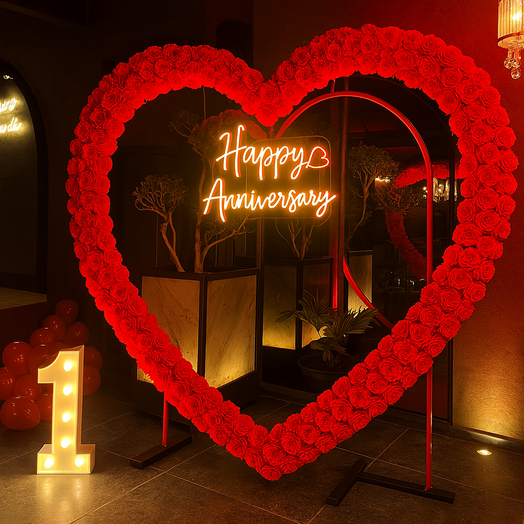 "Happy Anniversary celebration with beautiful balloon decorations by Best Event Planner & Balloon Decorators, call 8595078930 for bookings."